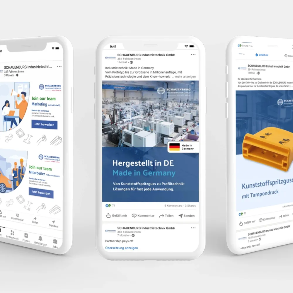 Social-Media-Beitraege der SCHAUENBURG Industrietechnik auf drei Smartphones